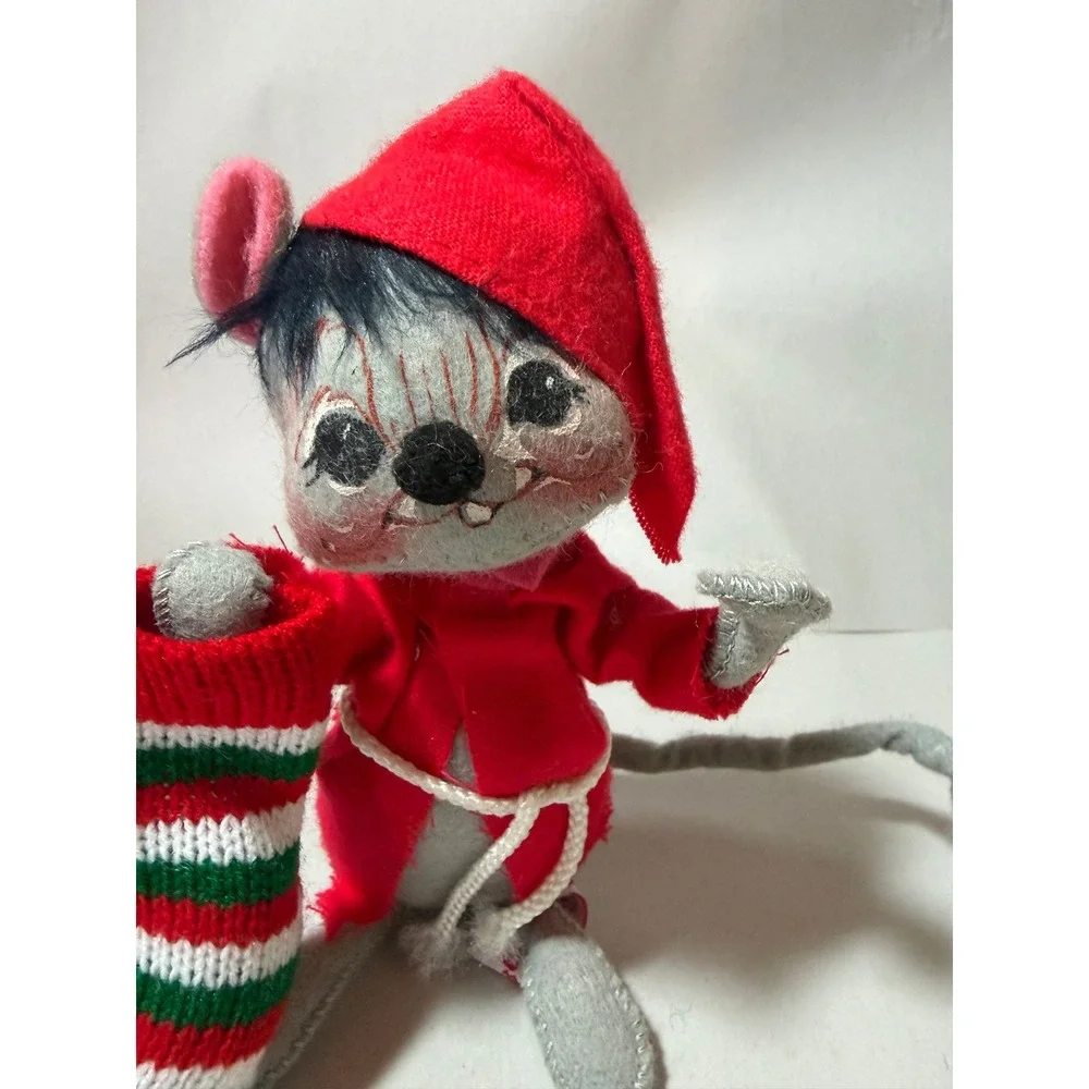 Vintage 1990 Annalee Dolls Christmas‎ Mouse Red Nightcap Stocking Grey 6 Inch